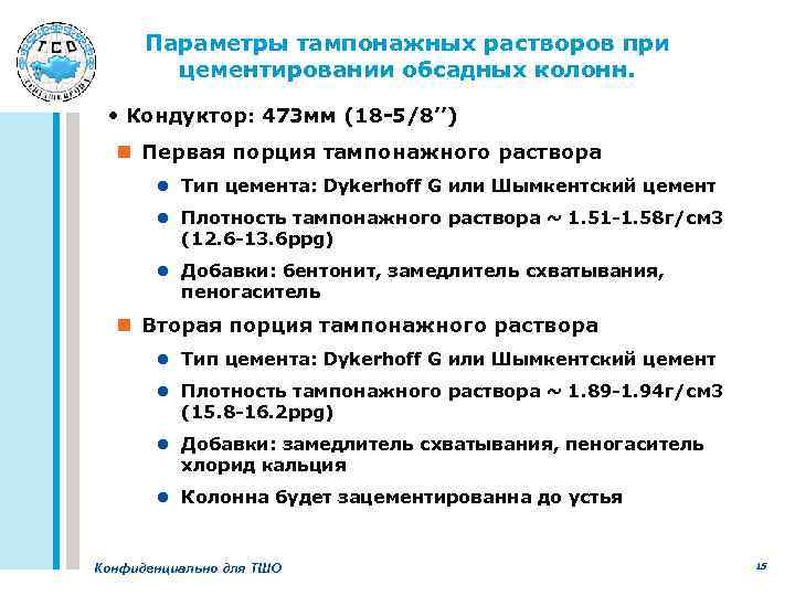 Параметры тампонажных растворов при цементировании обсадных колонн. • Кондуктор: 473 мм (18 -5/8’’) n