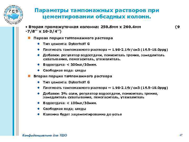Параметры тампонажных растворов при цементировании обсадных колонн. • Вторая промежуточная колонна: 250. 8 мм