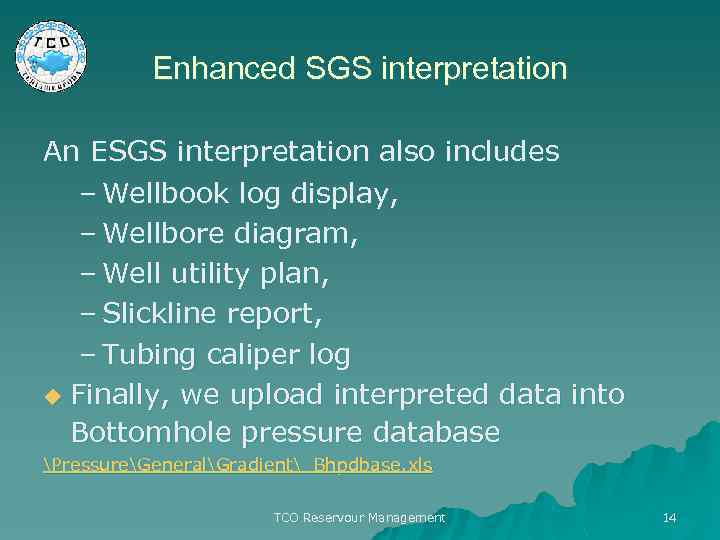 Enhanced SGS interpretation An ESGS interpretation also includes – Wellbook log display, – Wellbore