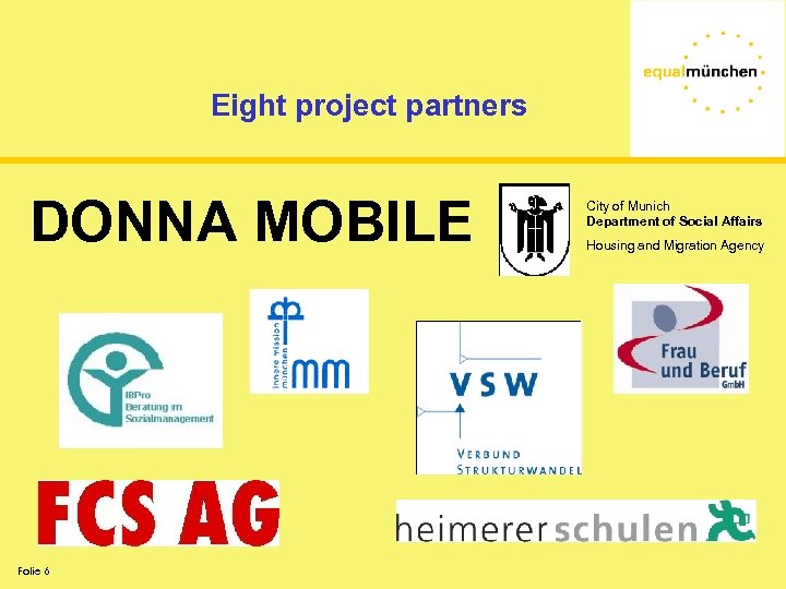 Eight project partners DONNA MOBILE Folie 6 City of Munich Department of Social Affairs