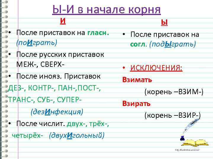 Ы-И в начале корня И • После приставок на гласн. (по. Играть) • После