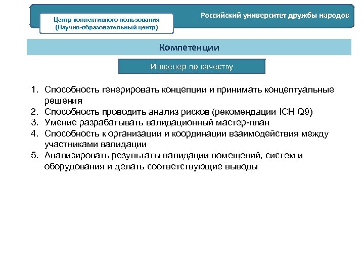 Центр коллективного пользования (Научно-образовательный центр) Российский университет дружбы народов Компетенции Инженер по качеству 1.