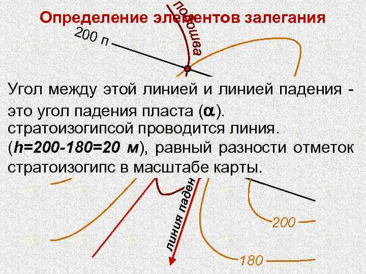 Определение элементов залегания 200 п ия п а ден ия Угол между этой линией