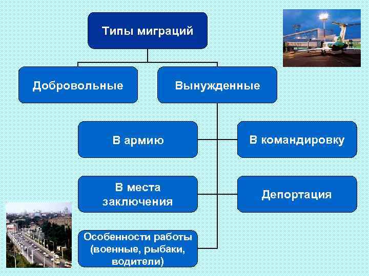 Типы миграций Добровольные Вынужденные В армию В командировку В места заключения Депортация Особенности работы