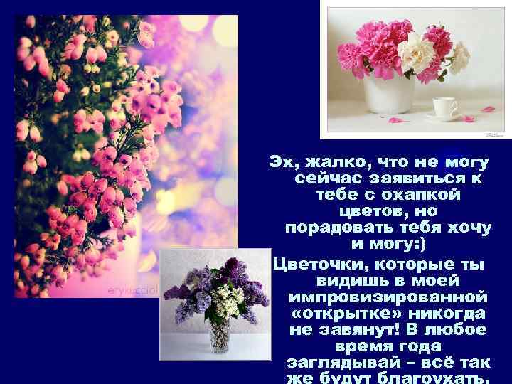 Эх, жалко, что не могу сейчас заявиться к тебе с охапкой цветов, но порадовать