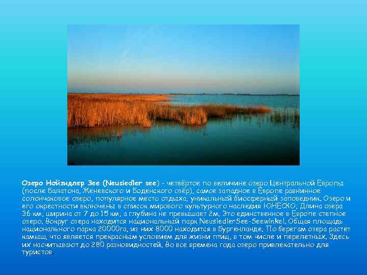 Озеро Нойзидлер Зее (Neusiedler see) - четвёртое по величине озеро Центральной Европы (после Балатона,