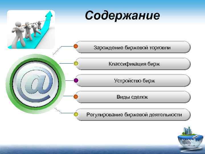 Содержание Зарождение биржевой торговли Классификация бирж Устройство бирж Виды сделок Регулирование биржевой деятельности 