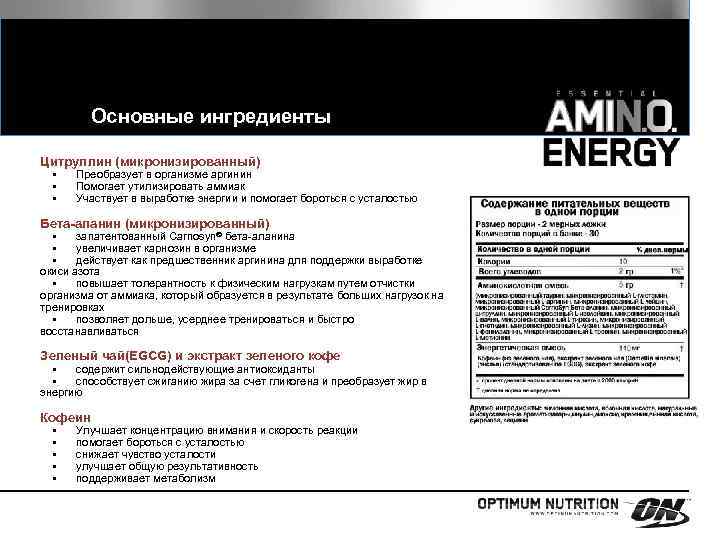 Основные ингредиенты Цитруллин (микронизированный) • • • Преобразует в организме аргинин Помогает утилизировать аммиак