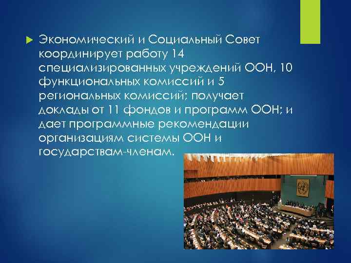 Экономический и Социальный Совет координирует работу 14 специализированных учреждений ООН, 10 функциональных комиссий