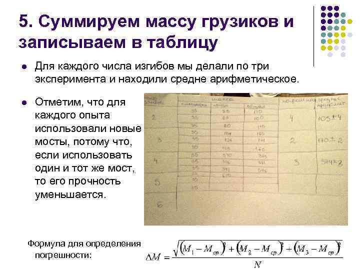 5. Суммируем массу грузиков и записываем в таблицу l Для каждого числа изгибов мы