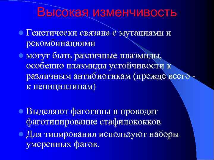 Высокая изменчивость l Генетически связана с мутациями и рекомбинациями l могут быть различные плазмиды,