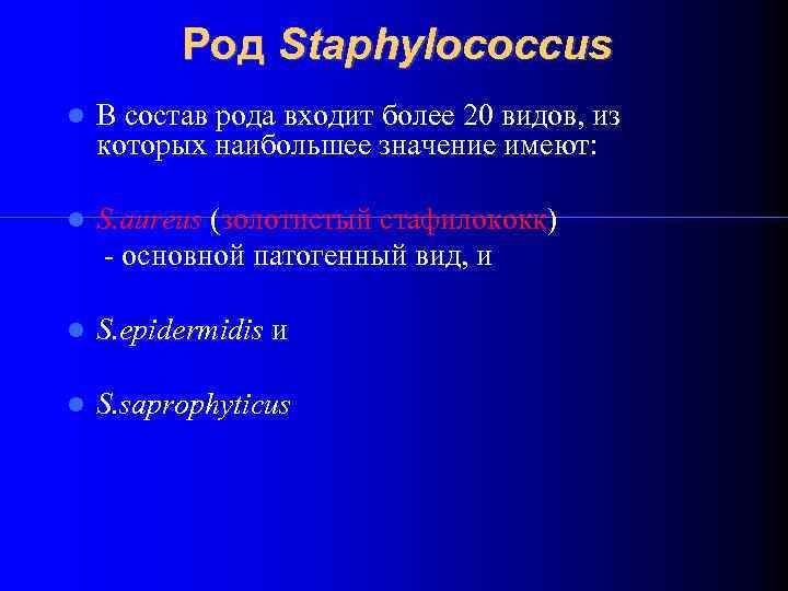 Род Staphylococcus В состав рода входит более 20 видов, из которых наибольшее значение имеют: