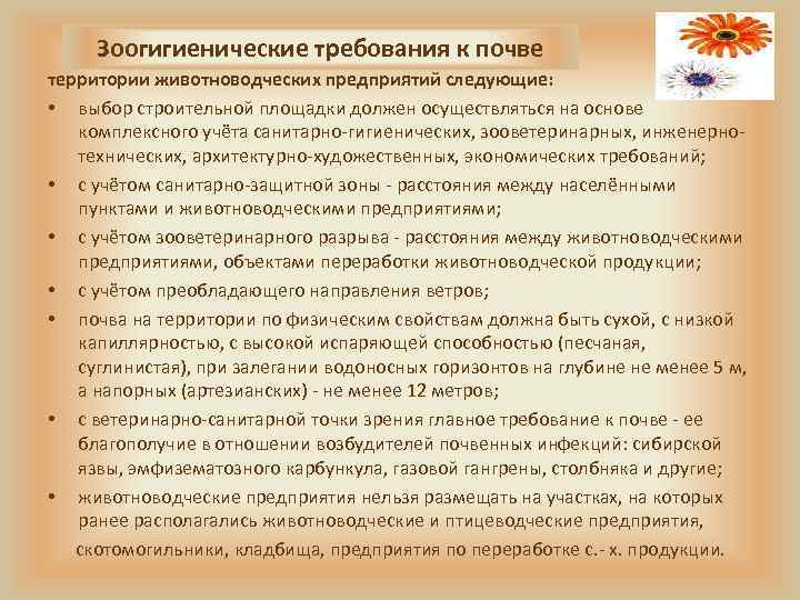 Зоогигиенические требования к почве территории животноводческих предприятий следующие: • выбор строительной площадки должен осуществляться