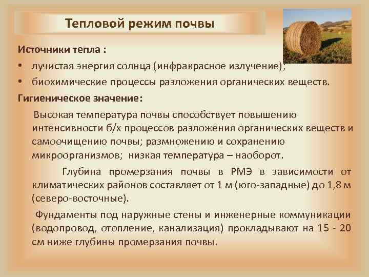 Тепловой режим почвы Источники тепла : • лучистая энергия солнца (инфракрасное излучение); • биохимические