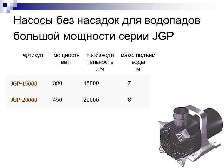 Насосы без насадок для водопадов большой мощности серии JGP артикул мощность ватт производи тельность