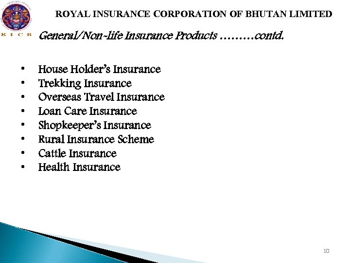 ROYAL INSURANCE CORPORATION OF BHUTAN LIMITED General/Non-life Insurance Products ………contd. • • House Holder’s