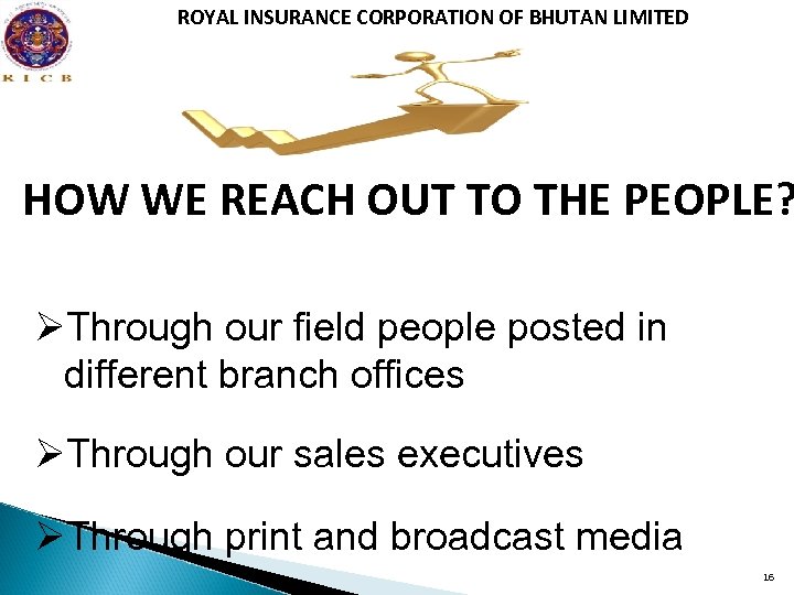 ROYAL INSURANCE CORPORATION OF BHUTAN LIMITED HOW WE REACH OUT TO THE PEOPLE? ØThrough