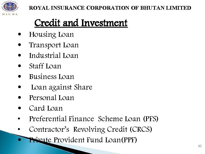 ROYAL INSURANCE CORPORATION OF BHUTAN LIMITED Credit and Investment • • • Housing Loan
