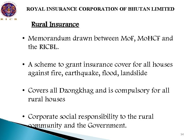 ROYAL INSURANCE CORPORATION OF BHUTAN LIMITED Rural Insurance • Memorandum drawn between Mo. F,