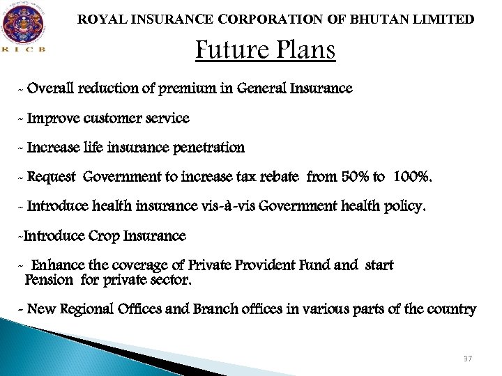 ROYAL INSURANCE CORPORATION OF BHUTAN LIMITED Future Plans - Overall reduction of premium in