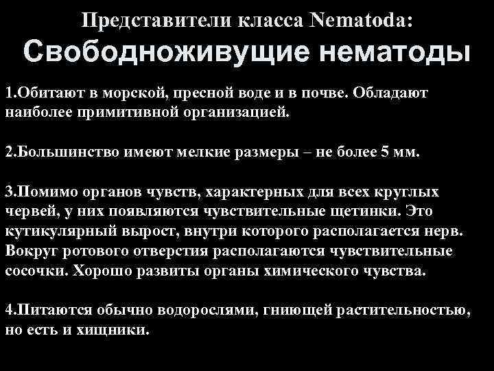 Представители класса Nematoda: Свободноживущие нематоды 1. Обитают в морской, пресной воде и в почве.