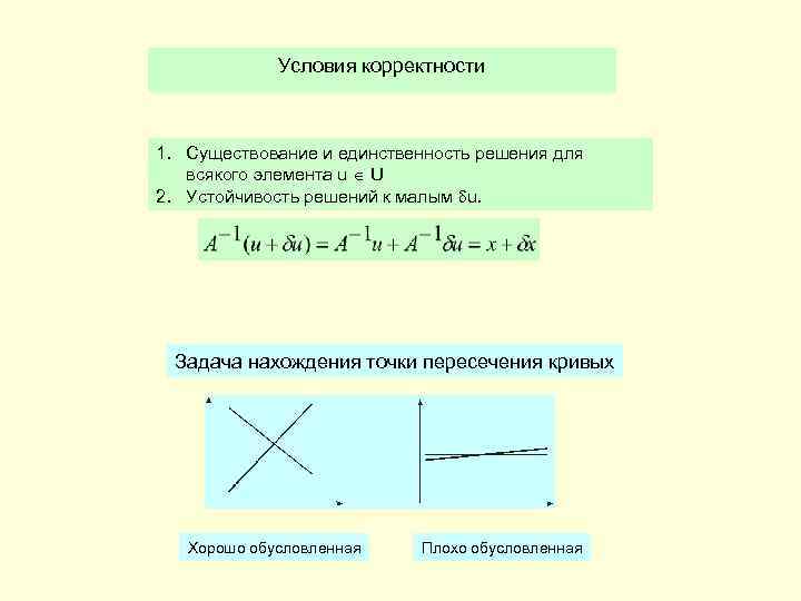 Условия корректности 1. Существование и единственность решения для всякого элемента u U 2. Устойчивость