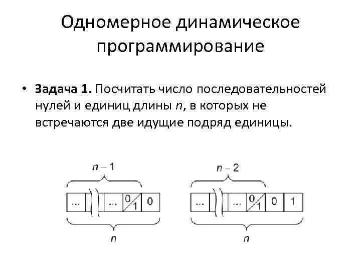 Одномерное динамическое программирование • Задача 1. Посчитать число последовательностей нулей и единиц длины n,