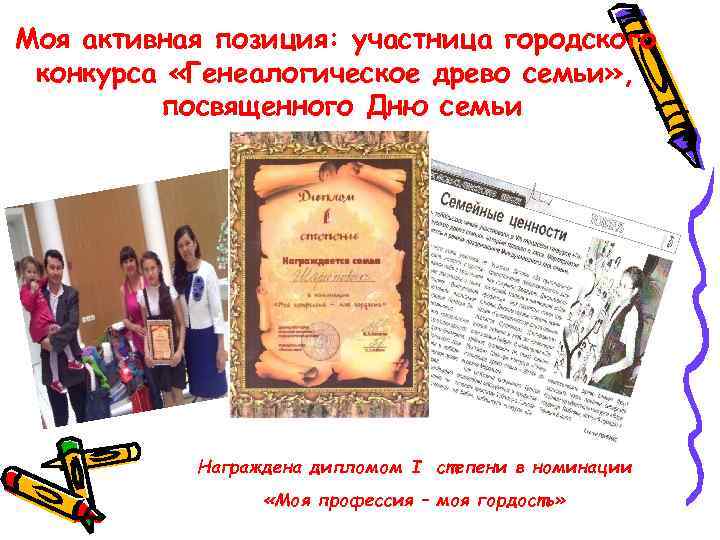 Моя активная позиция: участница городского конкурса «Генеалогическое древо семьи» , посвященного Дню семьи Награждена