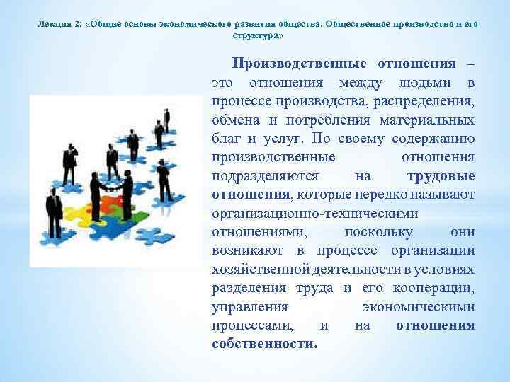 Лекция 2: «Общие основы экономического развития общества. Общественное производство и его структура» Производственные отношения