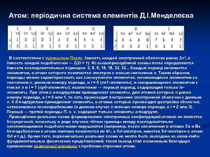 Атом: періодична система елементів Д. І. Менделеєва В соответствии с принципом Паули ёмкость каждой