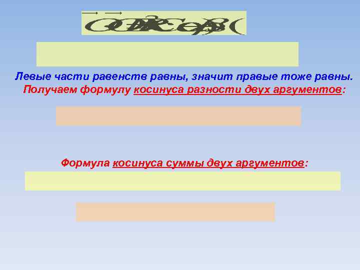 Левые части равенств равны, значит правые тоже равны. Получаем формулу косинуса разности двух аргументов: