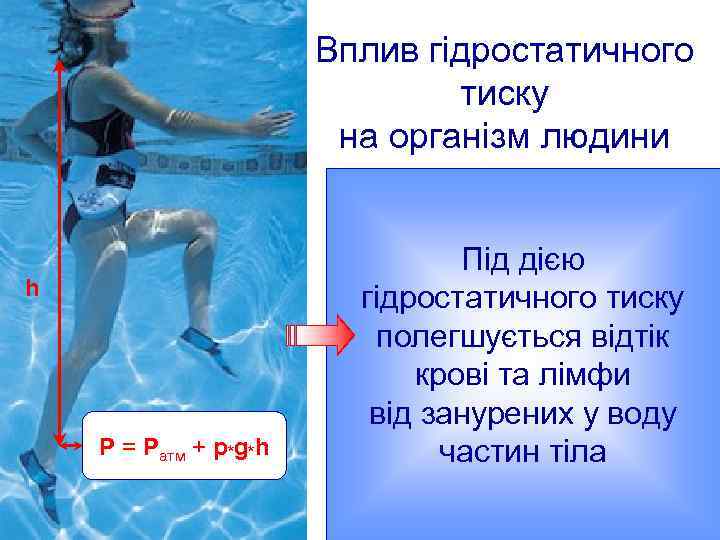 Вплив гідростатичного тиску на організм людини h P = Pатм + p*g*h Під дією