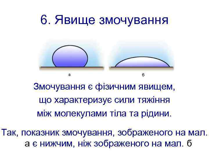 6. Явище змочування Змочування є фізичним явищем, що характеризує сили тяжіння між молекулами тіла