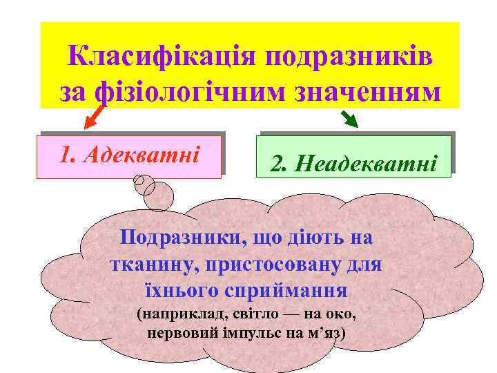 Класифікація подразників за фізіологічним значенням 1. Адекватні 2. Неадекватні Подразники, що діють на тканину,