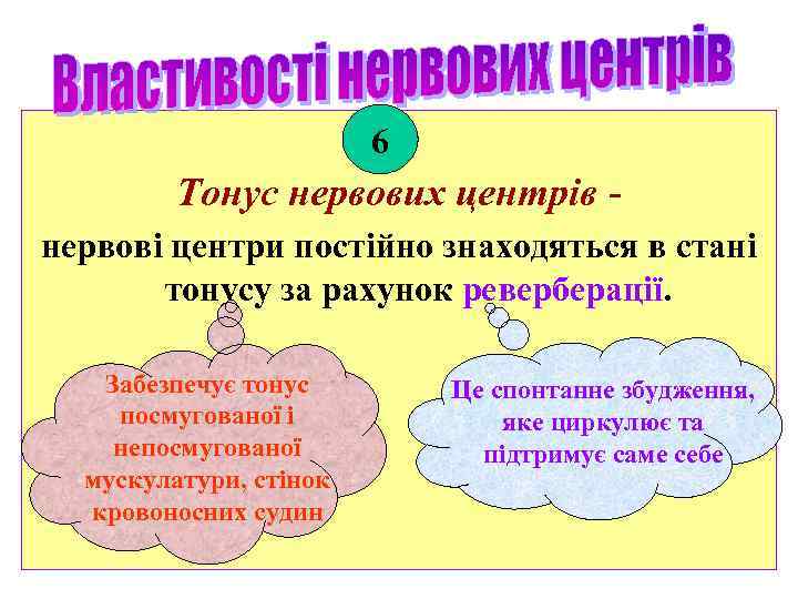 6 Тонус нервових центрів нервові центри постійно знаходяться в стані тонусу за рахунок реверберації.
