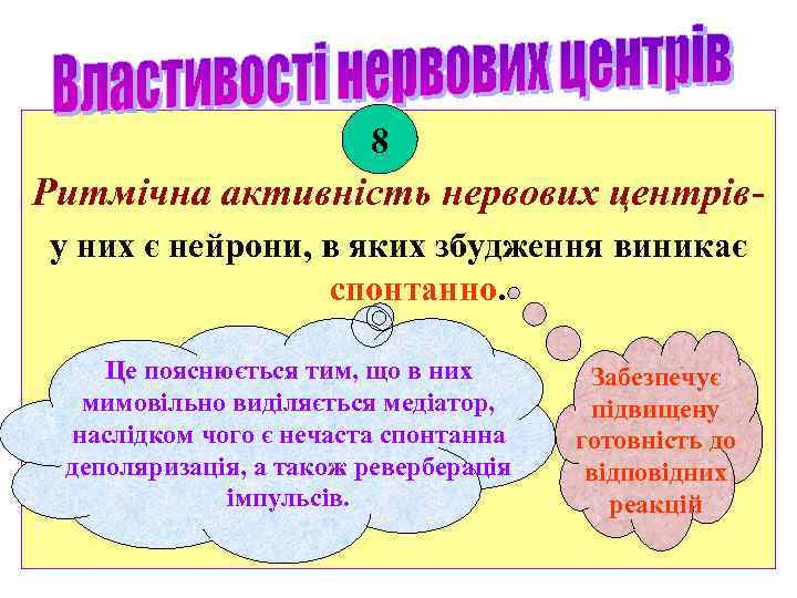8 Ритмічна активність нервових центріву них є нейрони, в яких збудження виникає спонтанно. Це