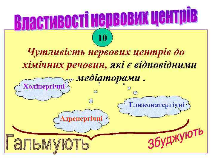 10 Чутливість нервових центрів до хімічних речовин, які є відповідними медіаторами. Холінергічні Глюконатергічні Адренергічні