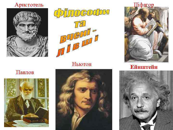 Аристотель Піфагор Ньютон Павлов Ейнштейн 