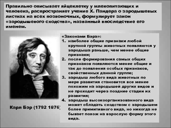 Правильно описывает яйцеклетку у млекопитающих и человека, распространяет учение Х. Пандера о зародышевых листках