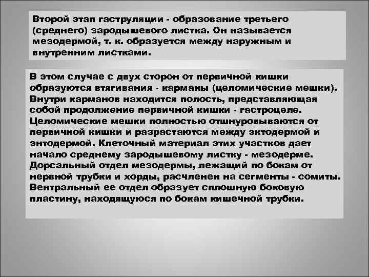 Второй этап гаструляции - образование третьего (среднего) зародышевого листка. Он называется мезодермой, т. к.