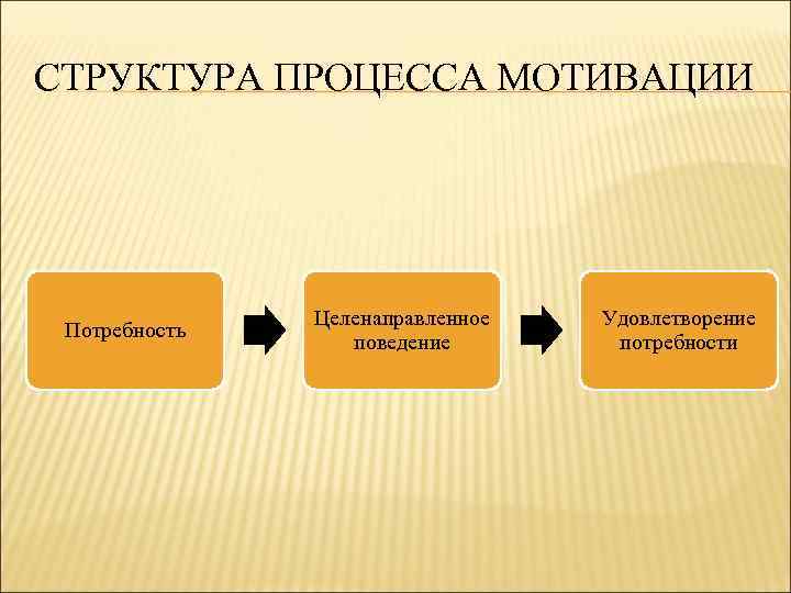 СТРУКТУРА ПРОЦЕССА МОТИВАЦИИ Потребность Целенаправленное поведение Удовлетворение потребности 