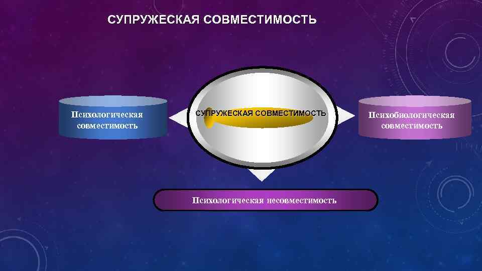 СУПРУЖЕСКАЯ СОВМЕСТИМОСТЬ Психологическая совместимость СУПРУЖЕСКАЯ СОВМЕСТИМОСТЬ Психологическая несовместимость Психобиологическая совместимость 