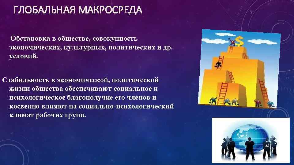 ГЛОБАЛЬНАЯ МАКРОСРЕДА Обстановка в обществе, совокупность экономических, культурных, политических и др. условий. Стабильность в