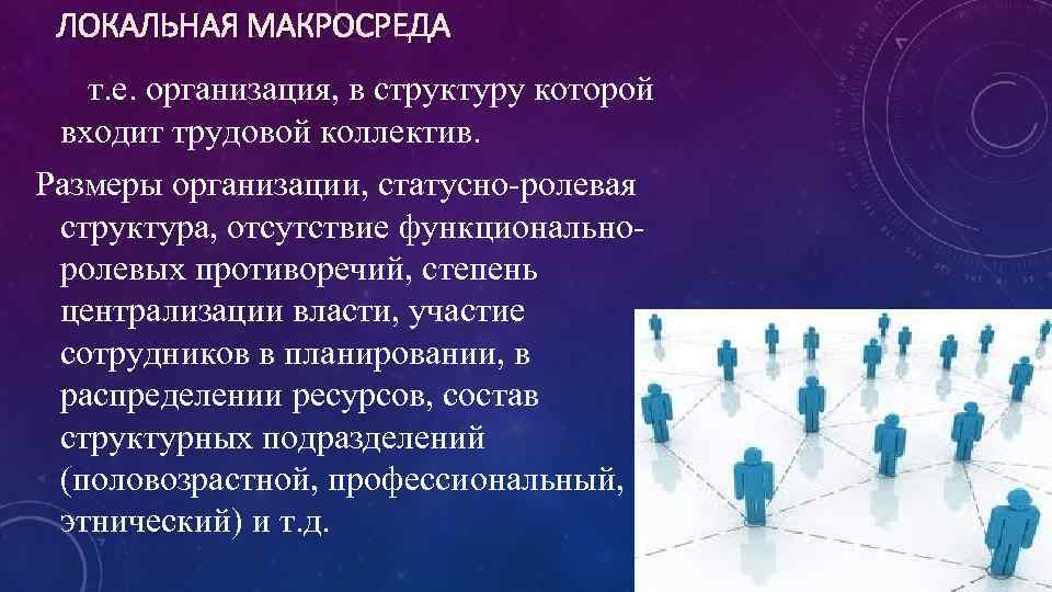 ЛОКАЛЬНАЯ МАКРОСРЕДА т. е. организация, в структуру которой входит трудовой коллектив. Размеры организации, статусно-ролевая