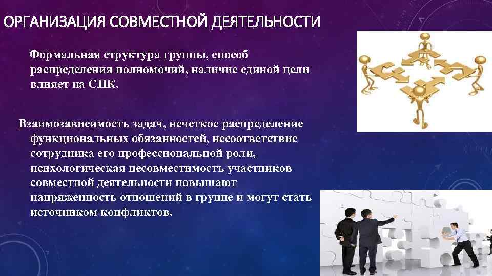 ОРГАНИЗАЦИЯ СОВМЕСТНОЙ ДЕЯТЕЛЬНОСТИ Формальная структура группы, способ распределения полномочий, наличие единой цели влияет на