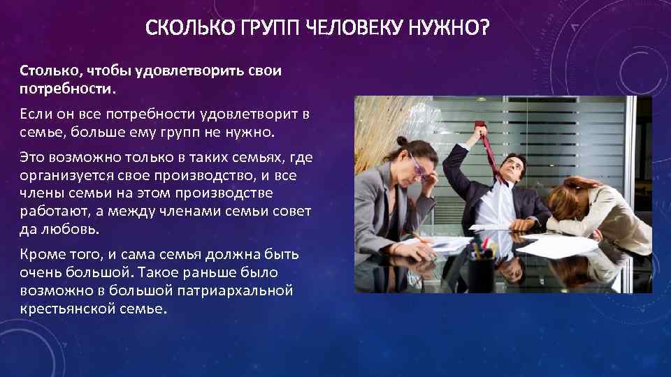 СКОЛЬКО ГРУПП ЧЕЛОВЕКУ НУЖНО? Столько, чтобы удовлетворить свои потребности. Если он все потребности удовлетворит