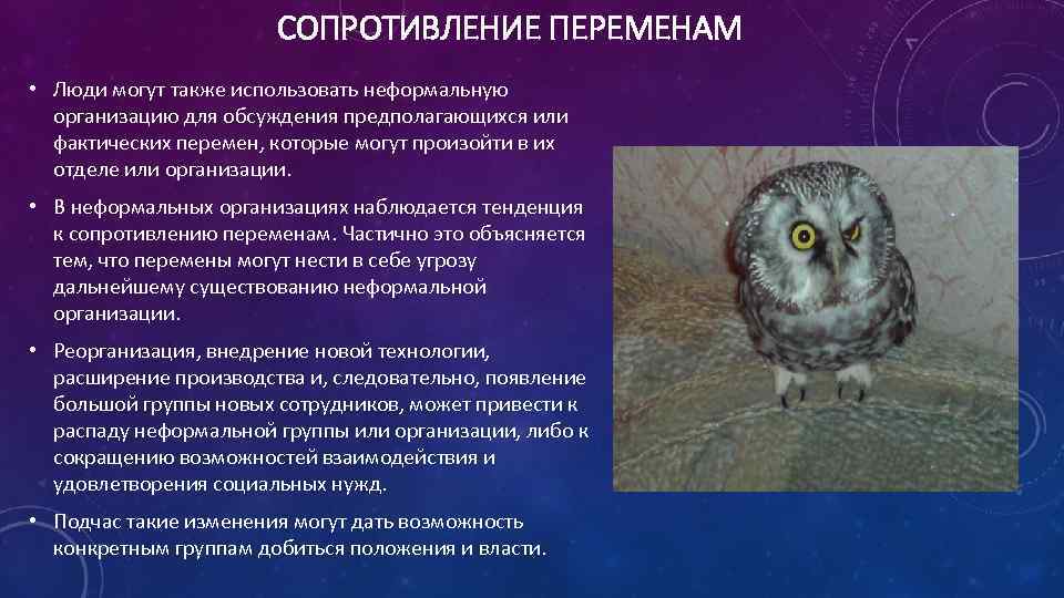 СОПРОТИВЛЕНИЕ ПЕРЕМЕНАМ • Люди могут также использовать неформальную организацию для обсуждения предполагающихся или фактических