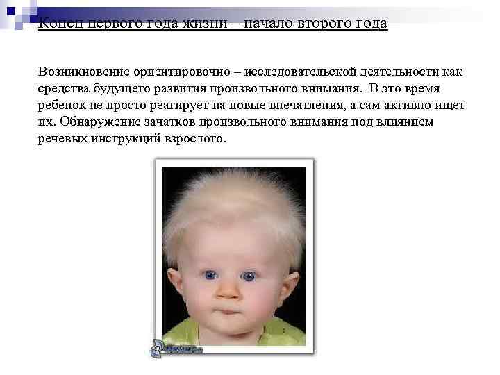 Конец первого года жизни – начало второго года Возникновение ориентировочно – исследовательской деятельности как