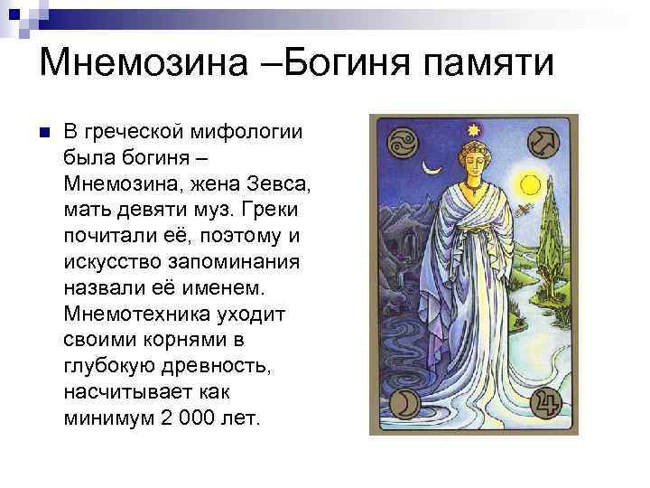 Мнемозина –Богиня памяти n В греческой мифологии была богиня – Мнемозина, жена Зевса, мать