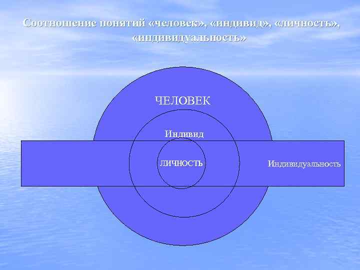 Соотношение понятий «человек» , «индивид» , «личность» , «индивидуальность» ЧЕЛОВЕК Индивид ЛИЧНОСТЬ Индивидуальность 